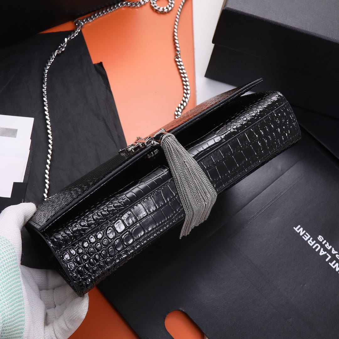 Saint Laurent Kate Tassel Crocodile-Embossed Leather Chain Wallet - Black