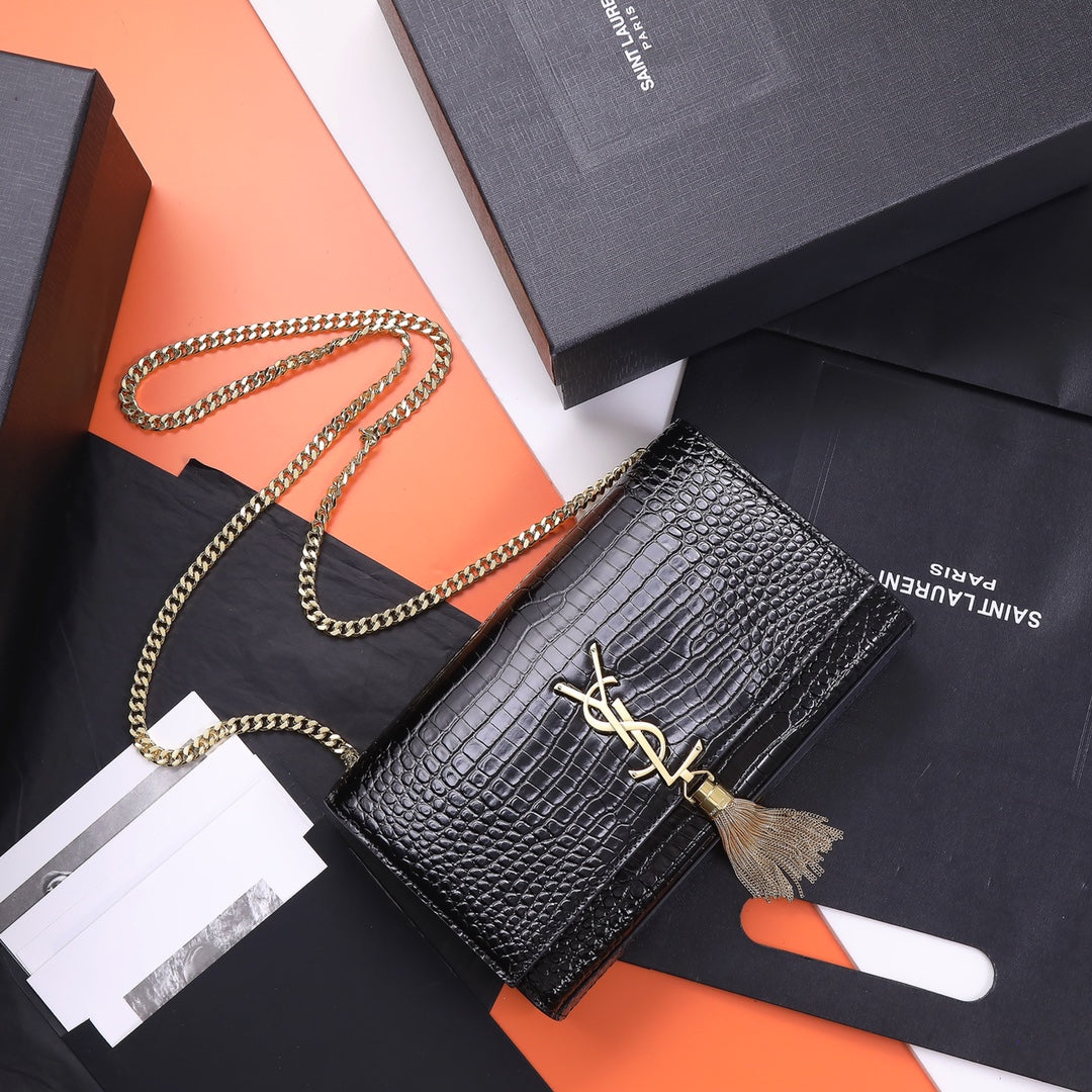 Saint Laurent Kate Medium Tassel Crossbody Bag - Black Crocodile-Embossed Leather