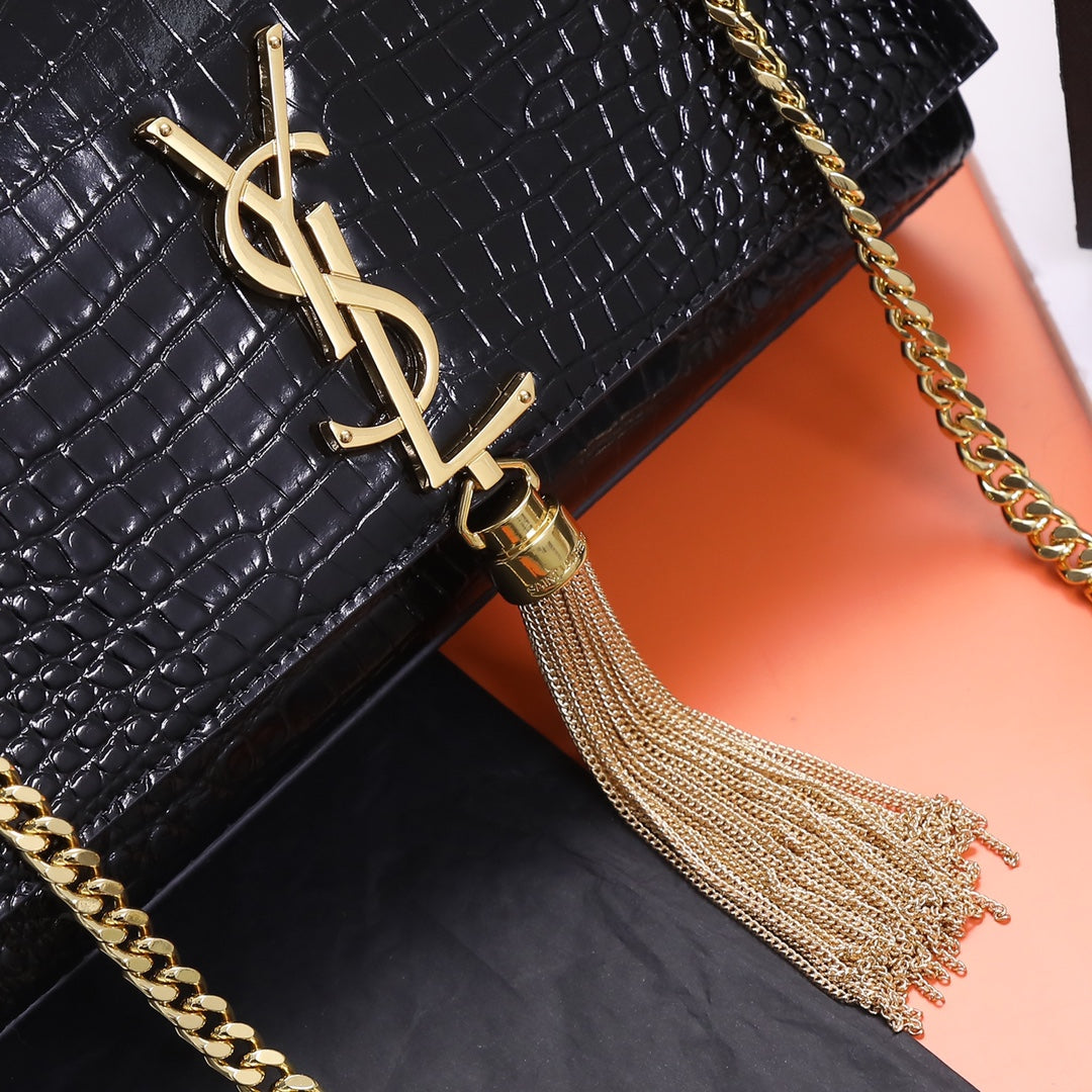 Saint Laurent Kate Medium Tassel Crossbody Bag - Black Crocodile-Embossed Leather