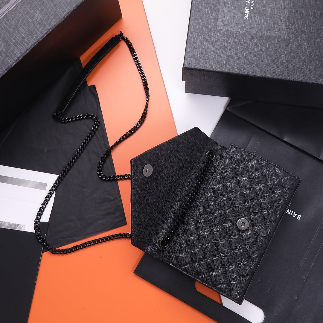 Saint Laurent Monogram Envelope Quilted Leather Chain Wallet - Black
