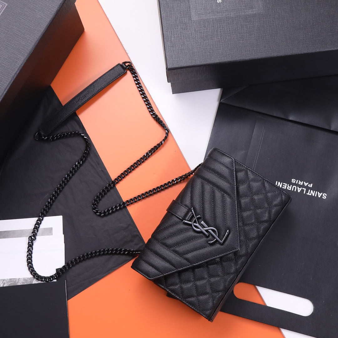 Saint Laurent Monogram Envelope Quilted Leather Chain Wallet - Black