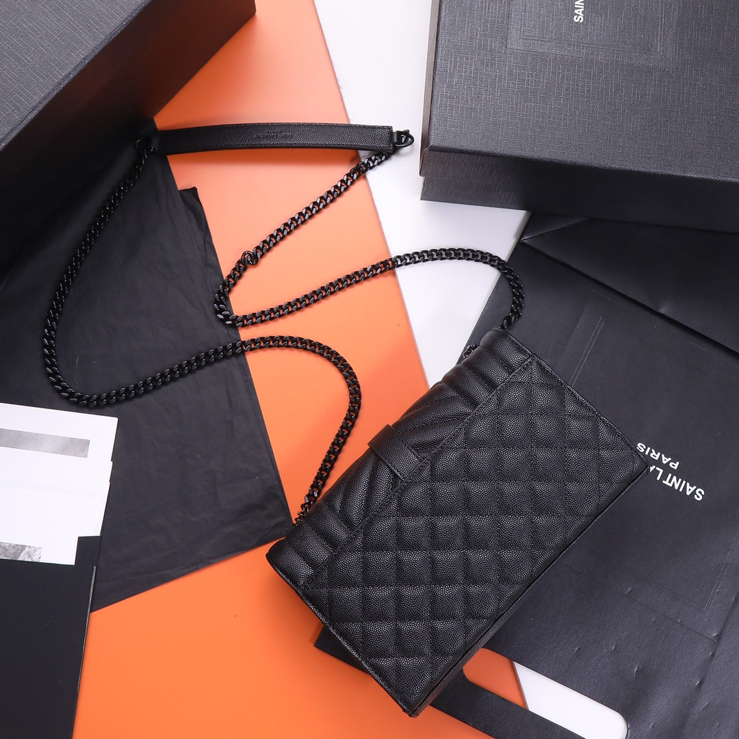 Saint Laurent Monogram Envelope Quilted Leather Chain Wallet - Black