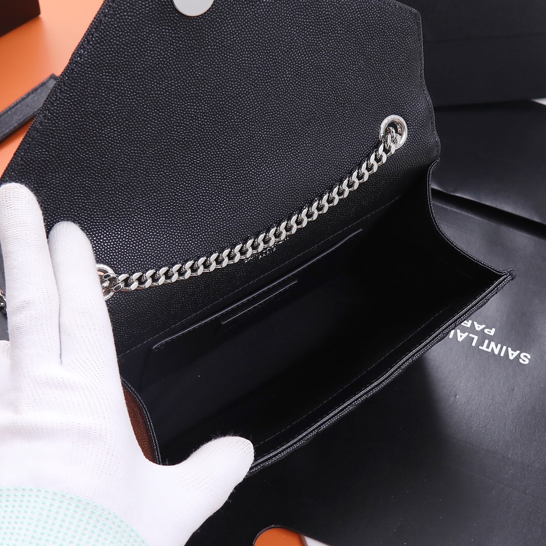 Saint Laurent Monogram Quilted Leather Chain Wallet Bag - Black Silver