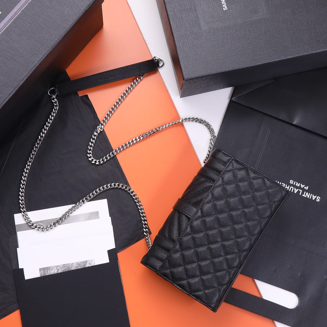 Saint Laurent Monogram Quilted Leather Chain Wallet Bag - Black Silver