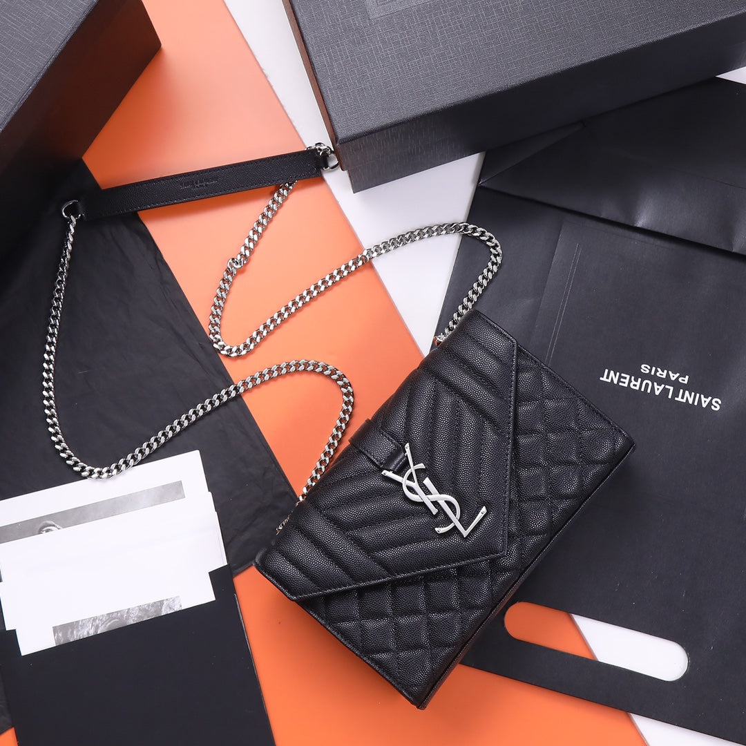 Saint Laurent Monogram Quilted Leather Chain Wallet Bag - Black Silver