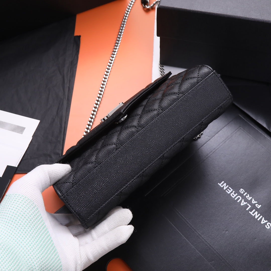 Saint Laurent Monogram Quilted Leather Chain Wallet Bag - Black Silver