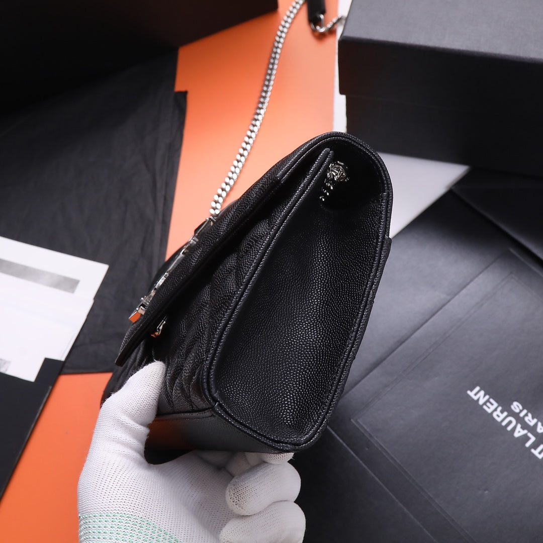 Saint Laurent Monogram Quilted Leather Chain Wallet Bag - Black Silver