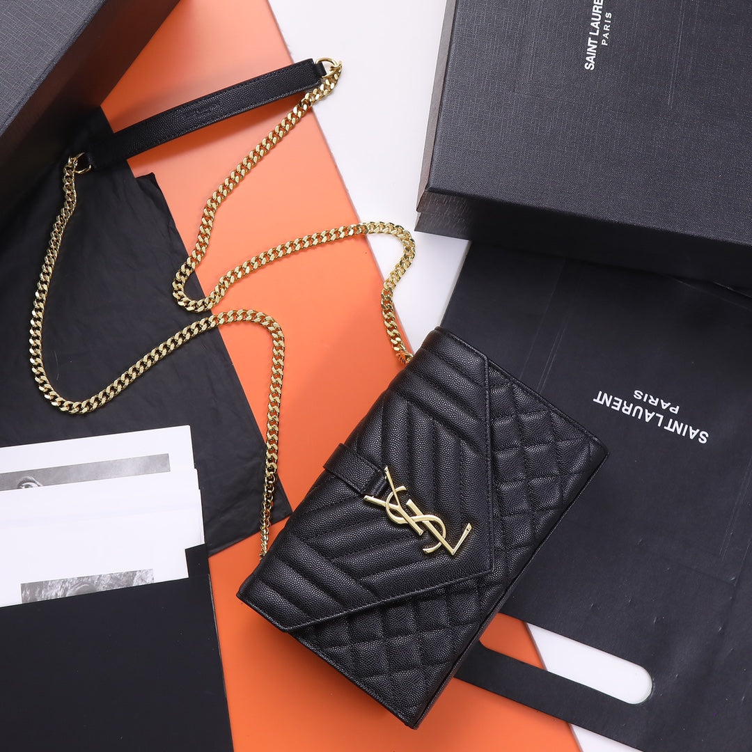 Saint Laurent Monogram Mix Matelassé Grain de Poudre Chain Wallet - Black