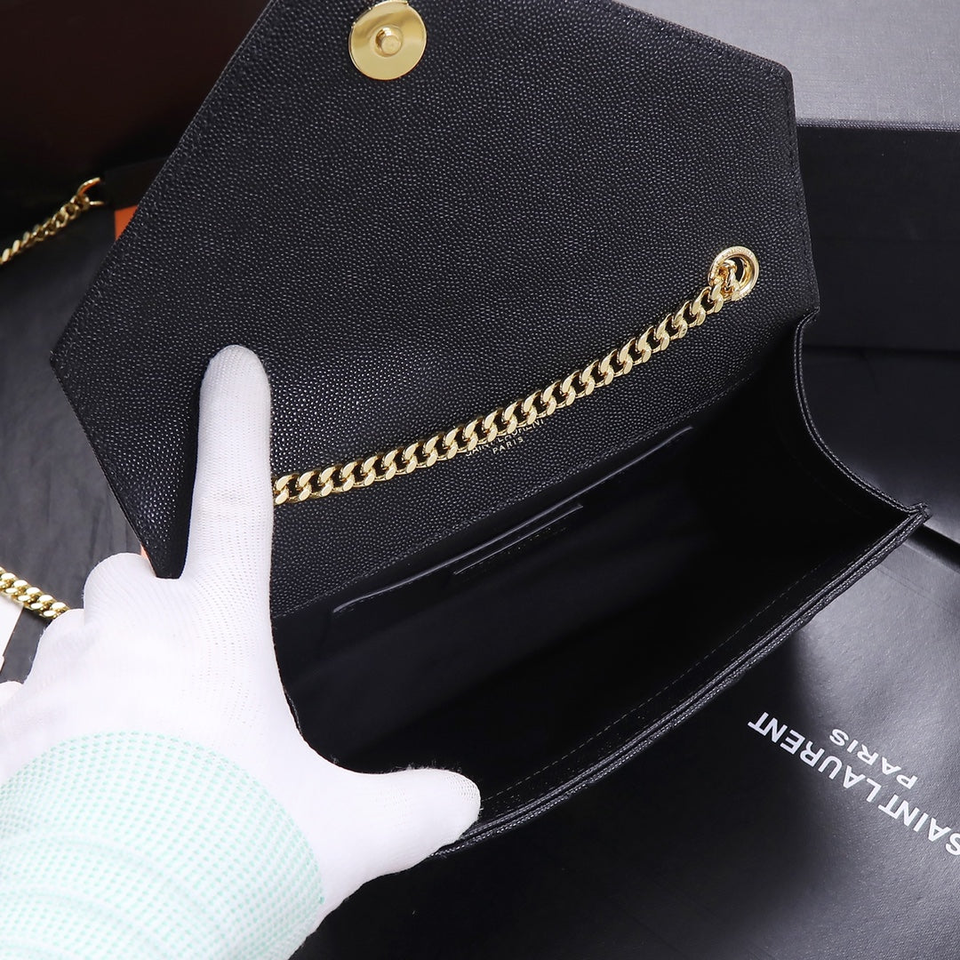 Saint Laurent Monogram Mix Matelassé Grain de Poudre Chain Wallet - Black