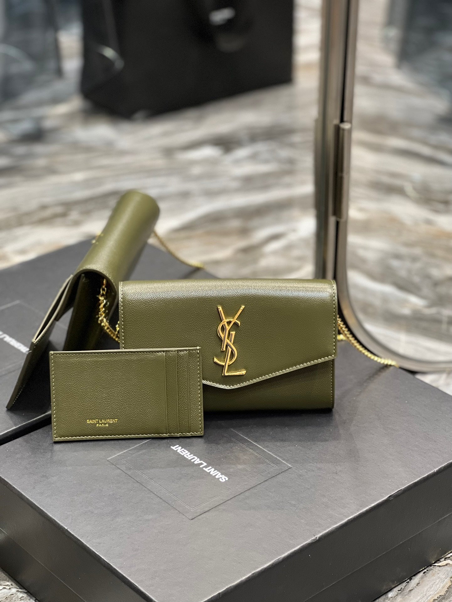 Saint Laurent Cassandre Envelope Chain Wallet in Olive Green Leather with Cardholder