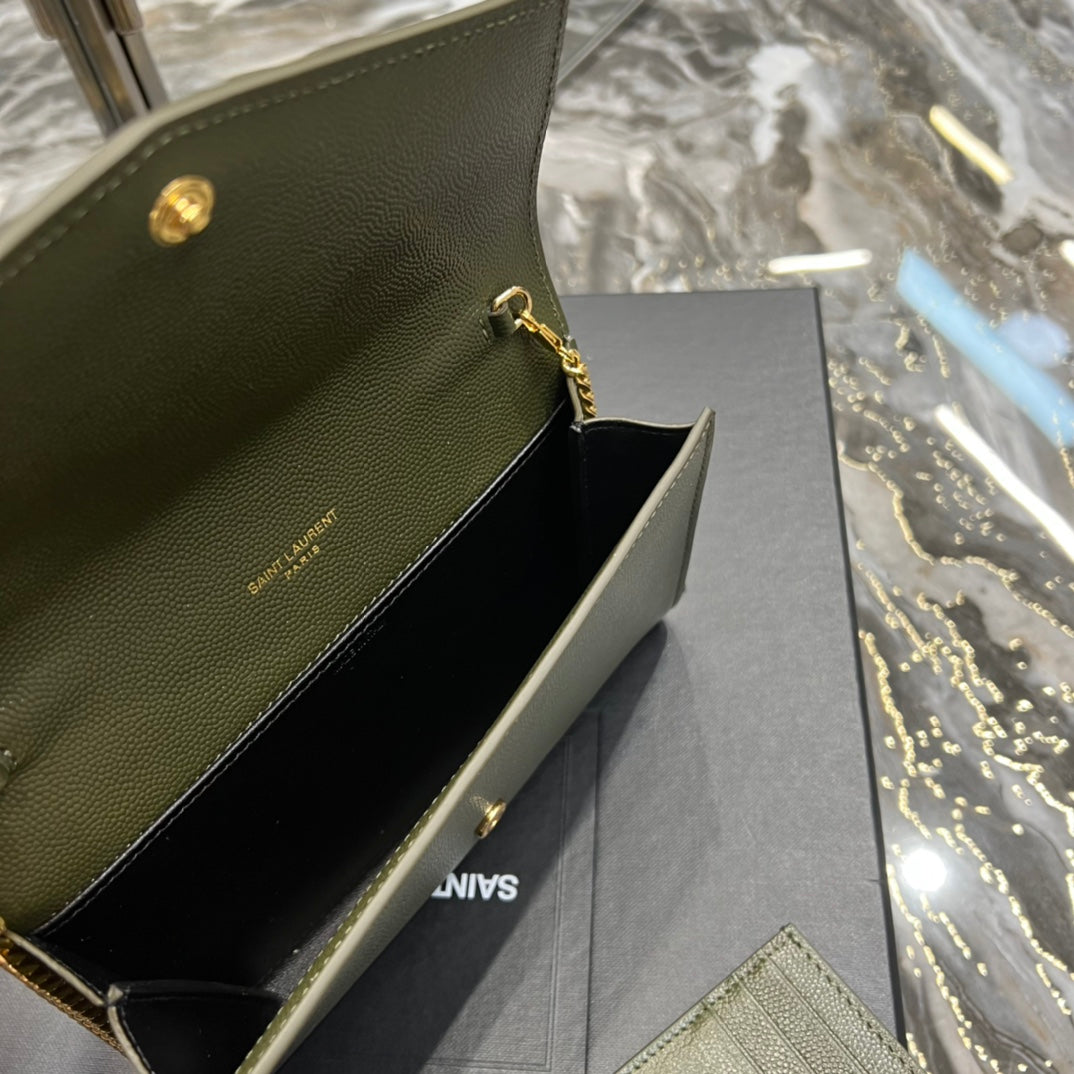 Saint Laurent Cassandre Envelope Chain Wallet in Olive Green Leather with Cardholder
