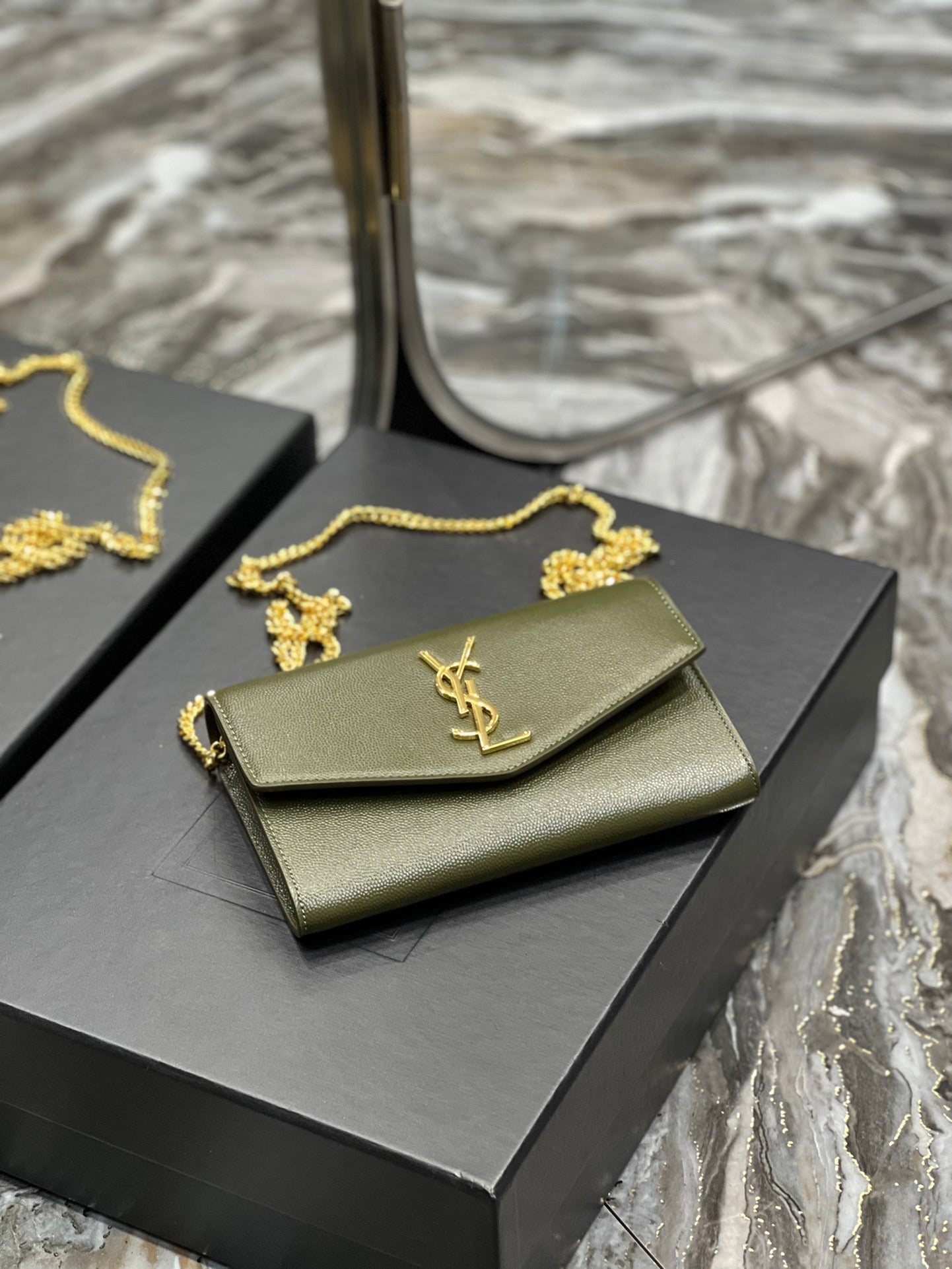 Saint Laurent Cassandre Envelope Chain Wallet in Olive Green Leather with Cardholder
