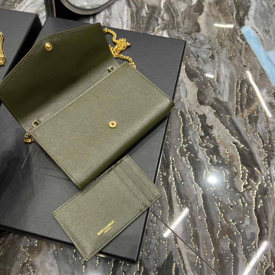 Saint Laurent Cassandre Envelope Chain Wallet in Olive Green Leather with Cardholder