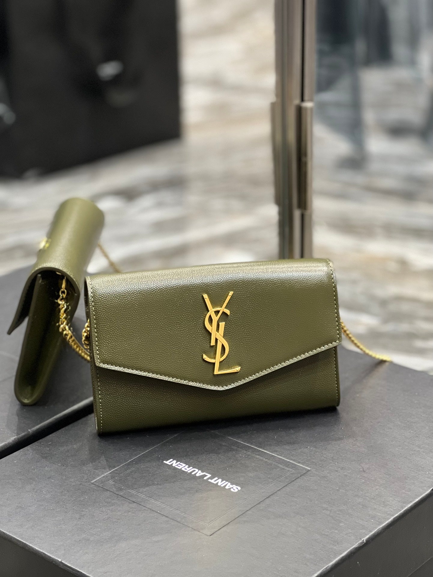 Saint Laurent Cassandre Envelope Chain Wallet in Olive Green Leather with Cardholder