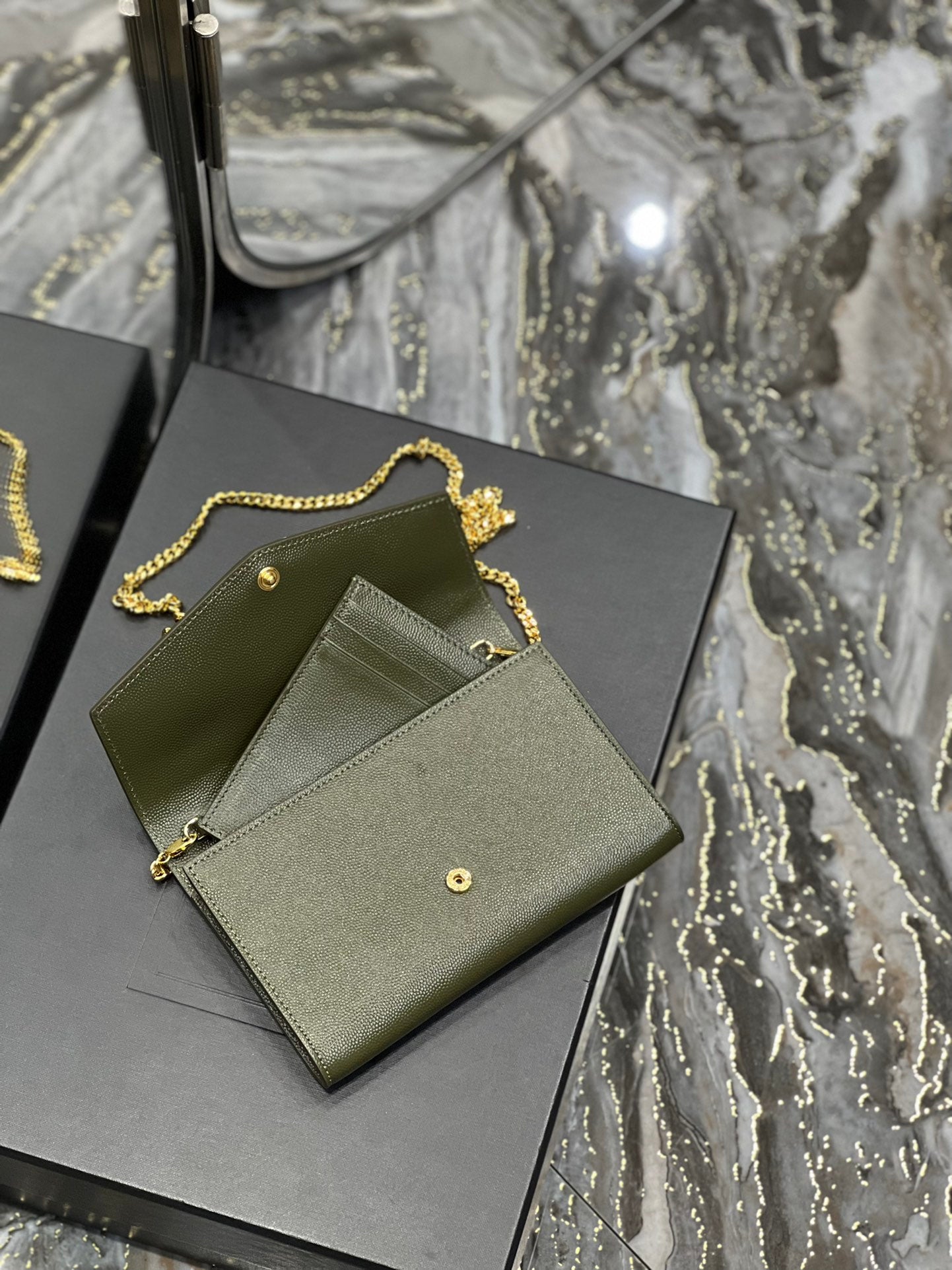 Saint Laurent Cassandre Envelope Chain Wallet in Olive Green Leather with Cardholder