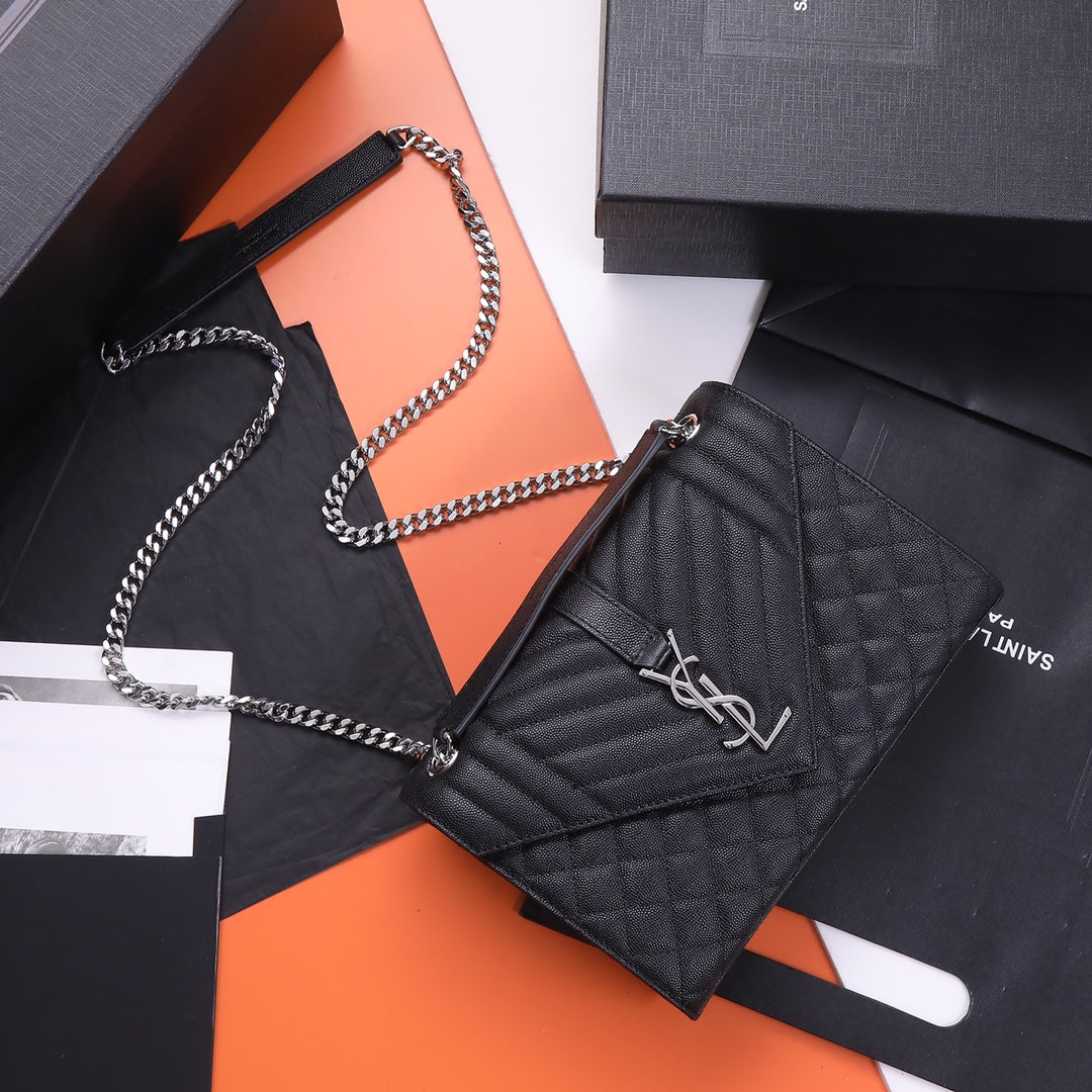 Saint Laurent Medium Envelope Bag in Mix Matelassé Leather - Black