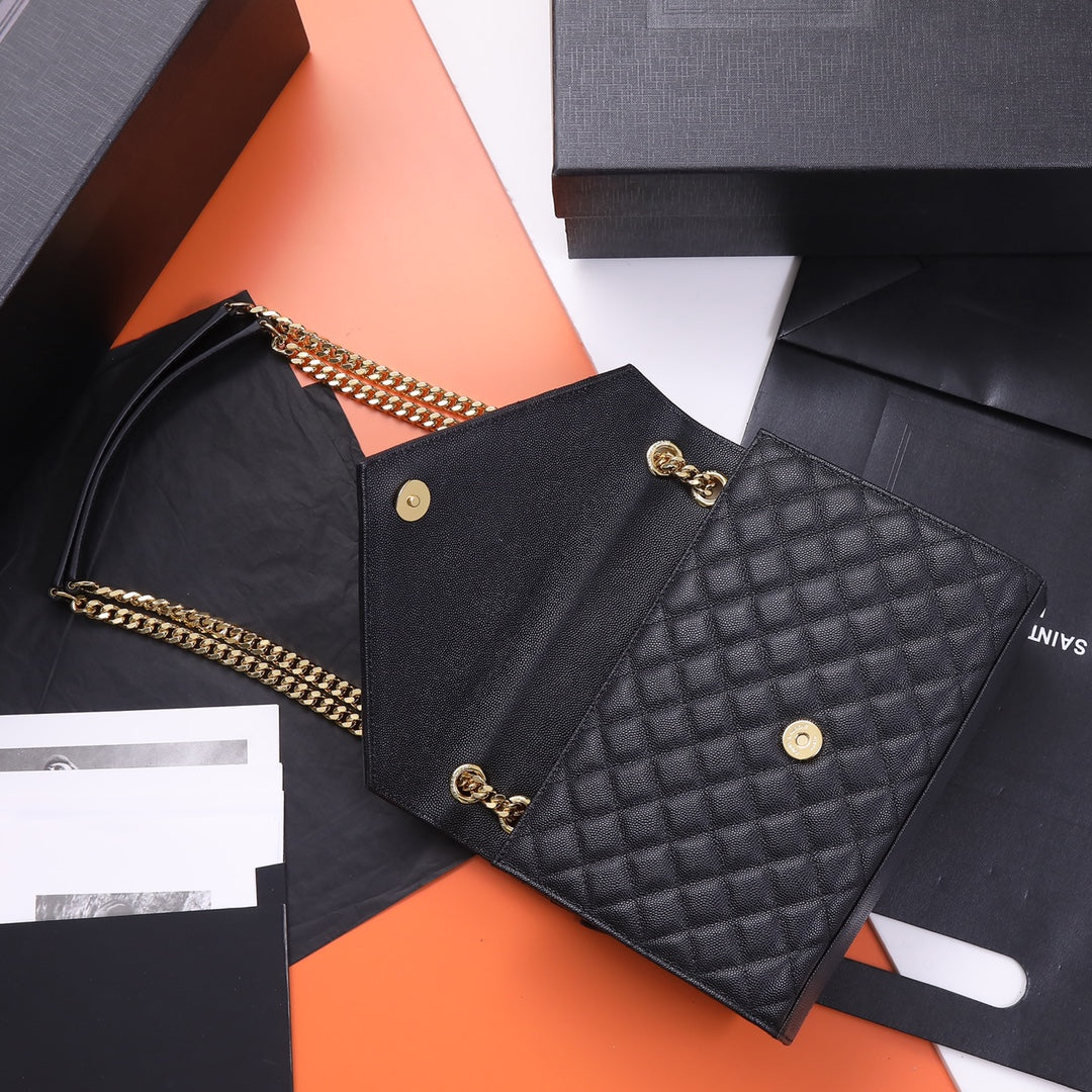 Saint Laurent Envelope Chain Wallet in Quilted Grain de Poudre Leather - Black/Gold