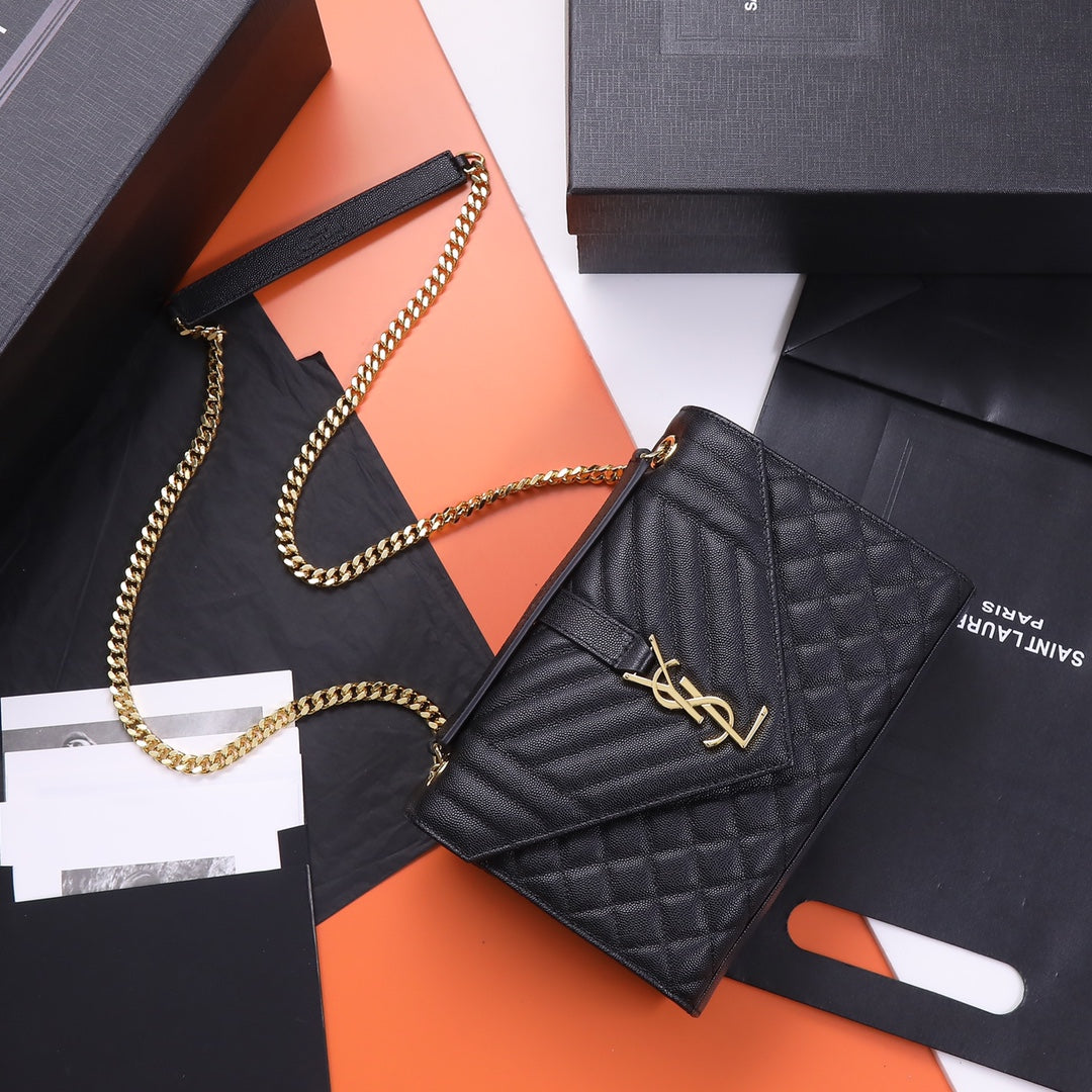 Saint Laurent Envelope Chain Wallet in Quilted Grain de Poudre Leather - Black/Gold