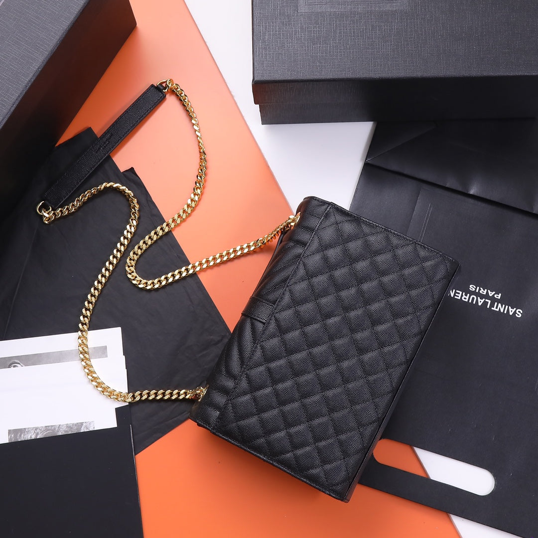 Saint Laurent Envelope Chain Wallet in Quilted Grain de Poudre Leather - Black/Gold