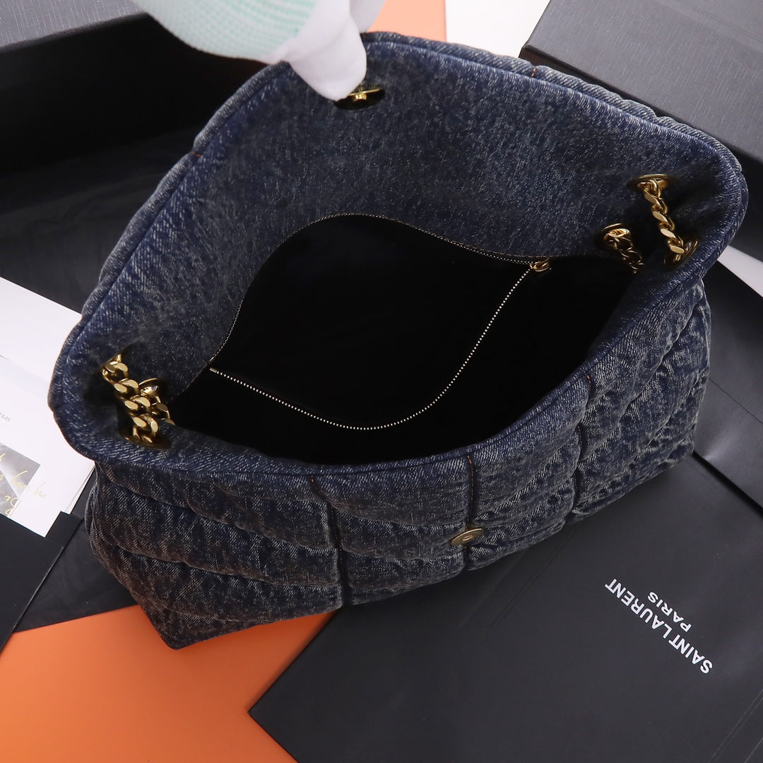 Saint Laurent Medium Loulou Puffer Chain Bag in Quilted Denim - Dark Blue