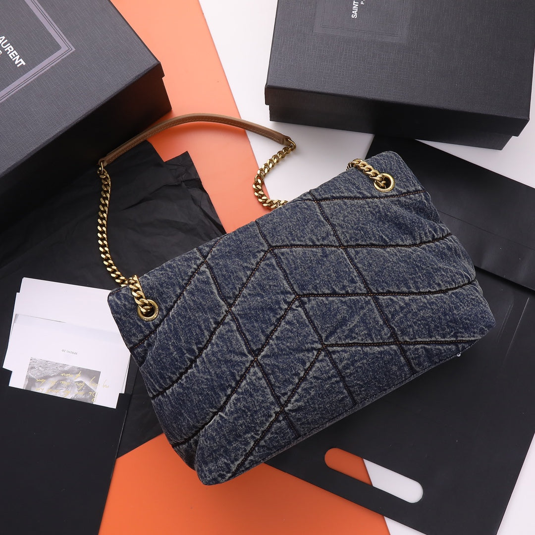 Saint Laurent Medium Loulou Puffer Chain Bag in Quilted Denim - Dark Blue