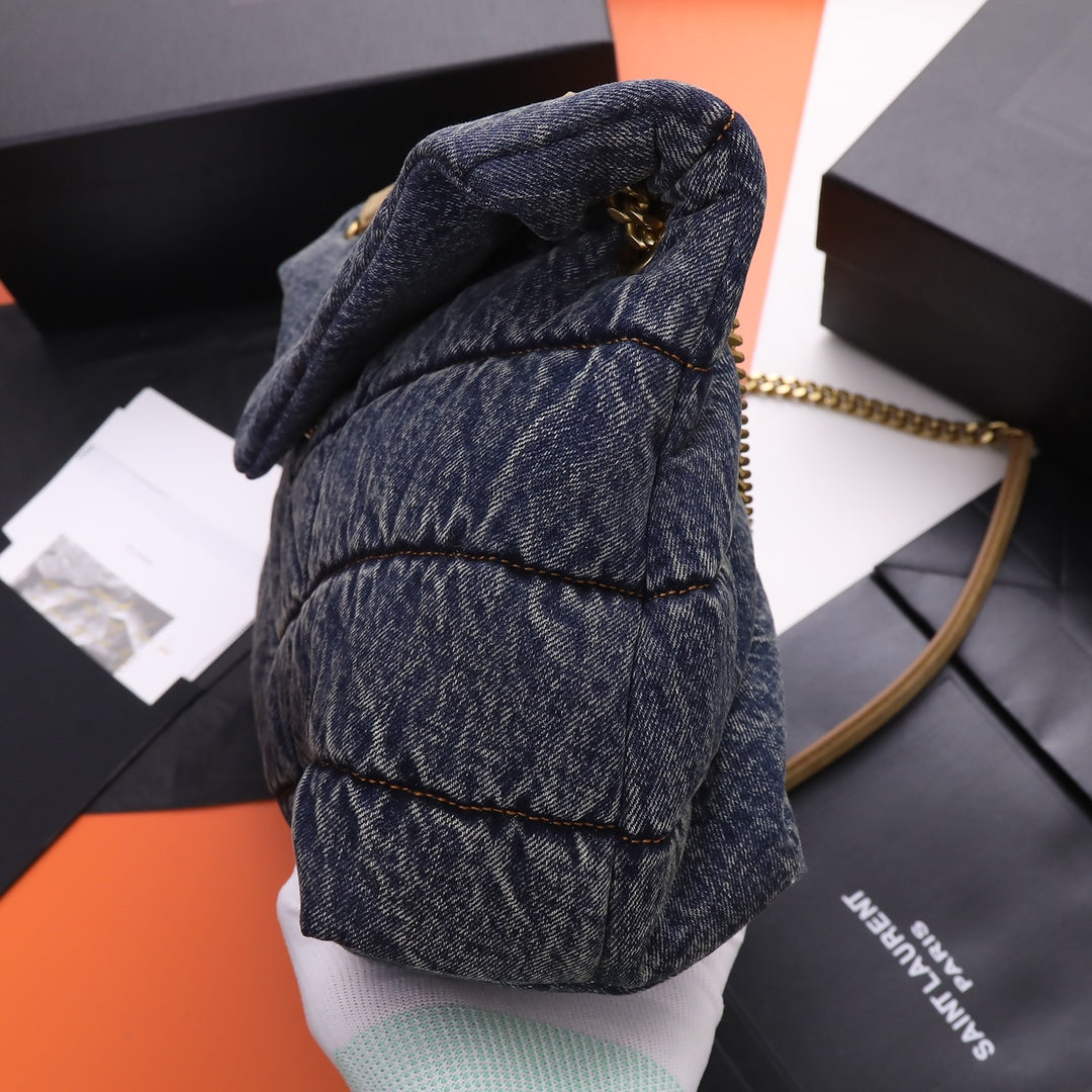 Saint Laurent Medium Loulou Puffer Chain Bag in Quilted Denim - Dark Blue