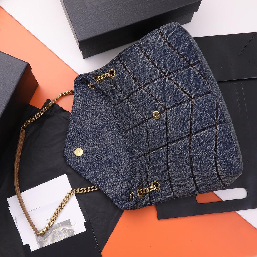 Saint Laurent Medium Loulou Puffer Chain Bag in Quilted Denim - Dark Blue