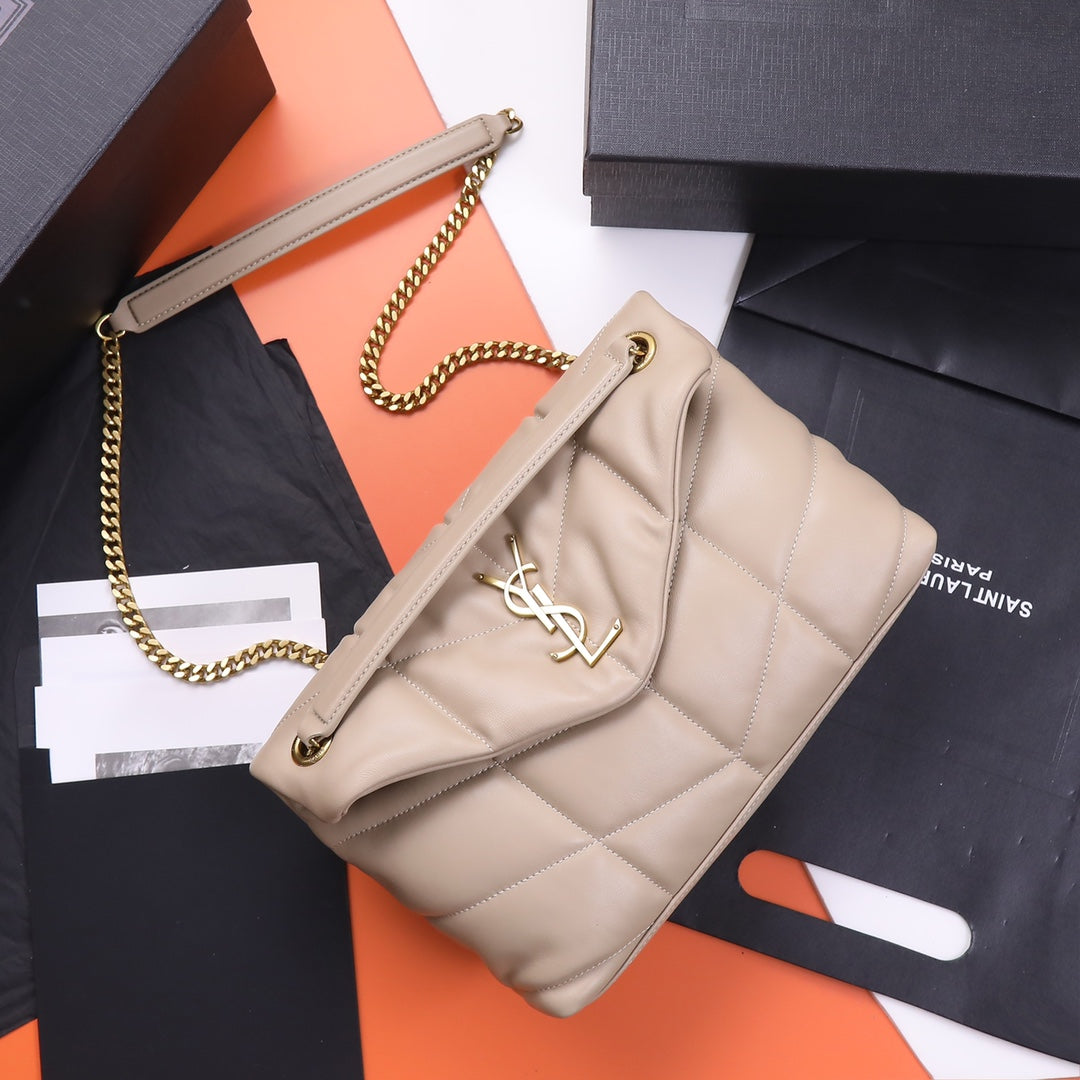 Saint Laurent Loulou Puffer Small Shoulder Bag in Quilted Lambskin - Nude/Gold