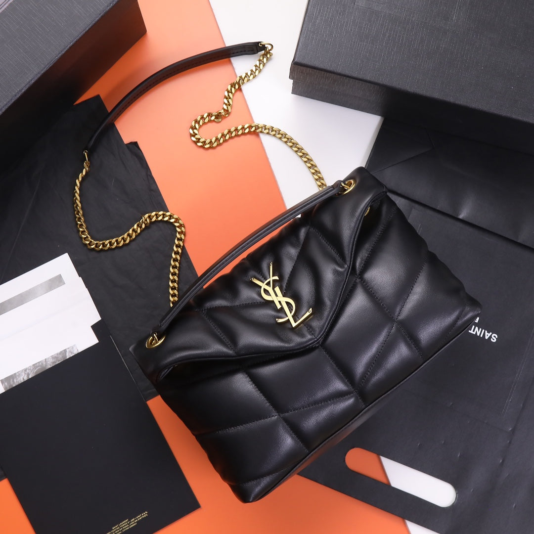 Saint Laurent Loulou Puffer Bag in Quilted Lambskin Leather - Black with Gold Hardware