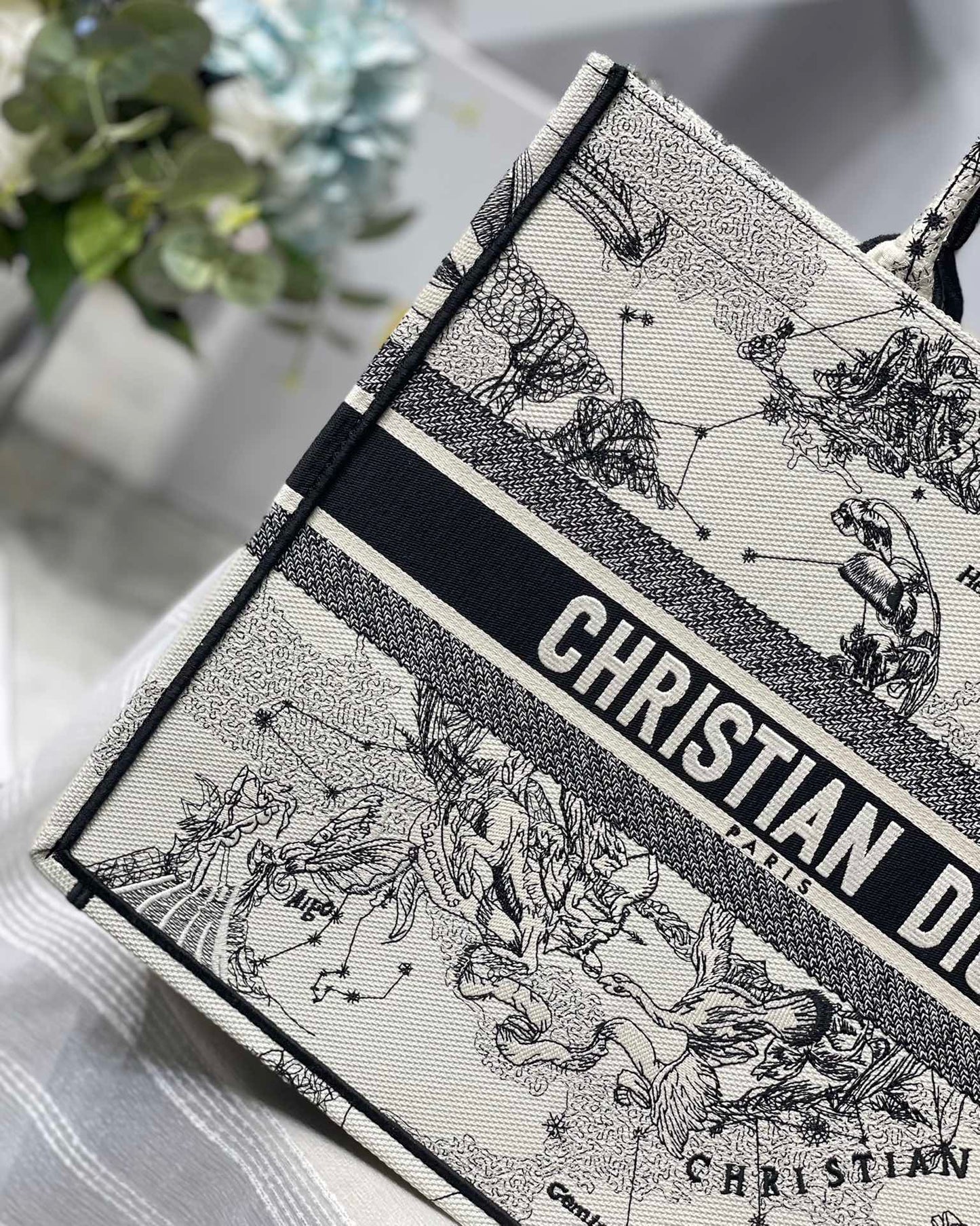 Christian Dior Book Tote Blue and White Zodiac Embroidered Canvas Bag