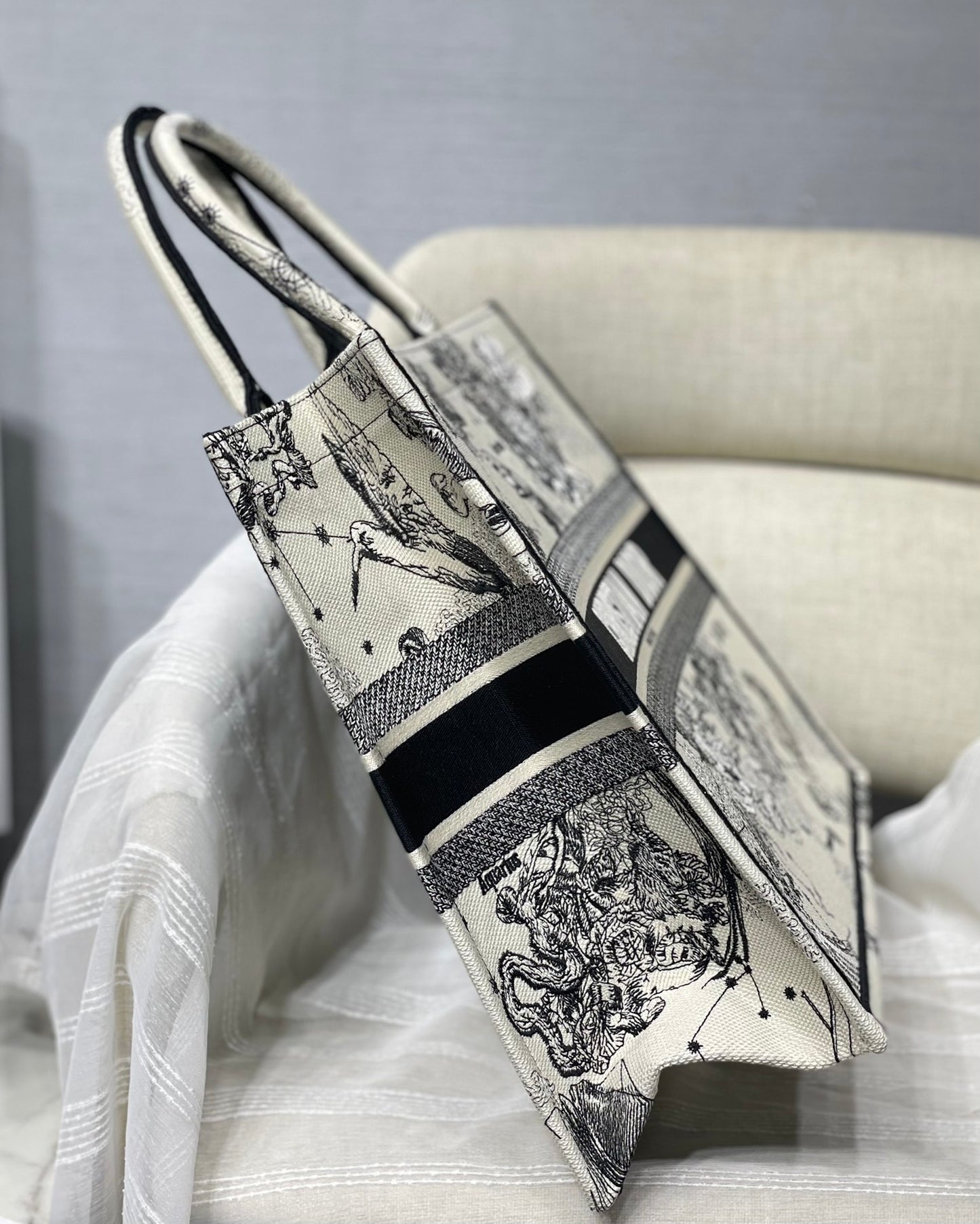 Christian Dior Book Tote Blue and White Zodiac Embroidered Canvas Bag