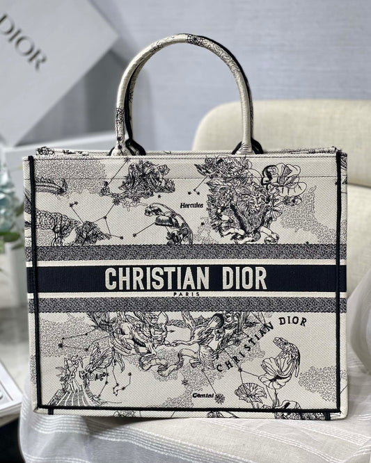 Christian Dior Book Tote Blue and White Zodiac Embroidered Canvas Bag