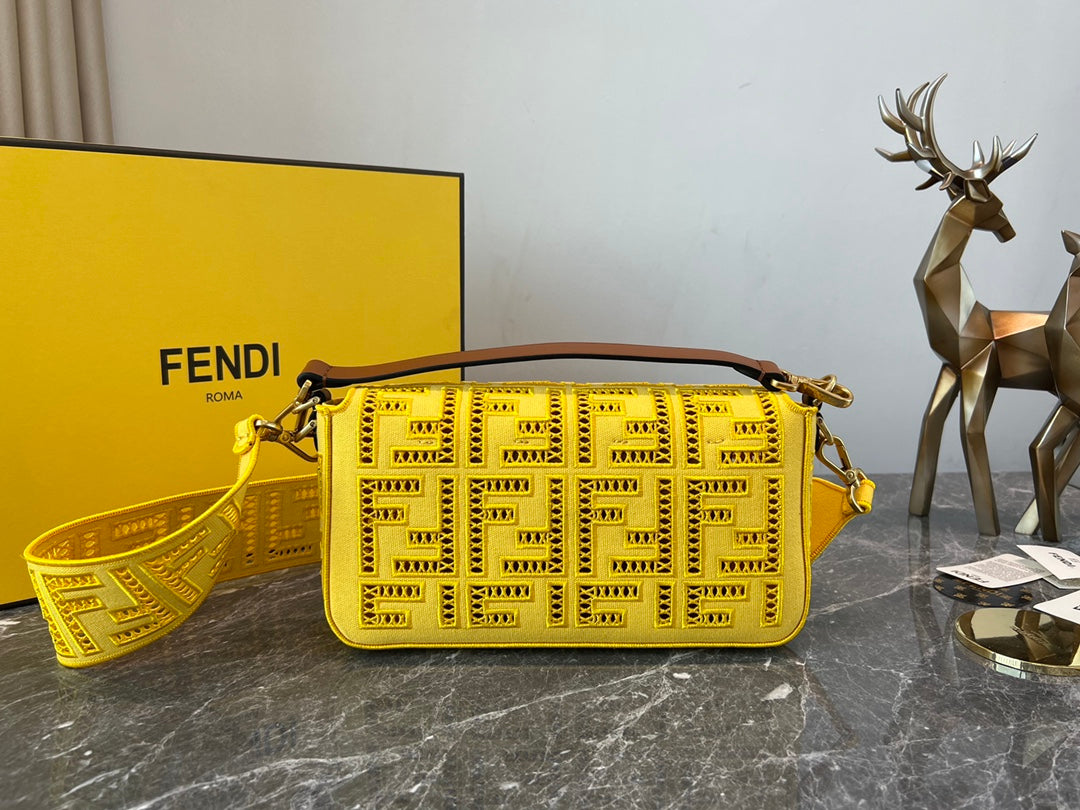 Fendi Yellow Perforated Leather Baguette Bag with FF Logo