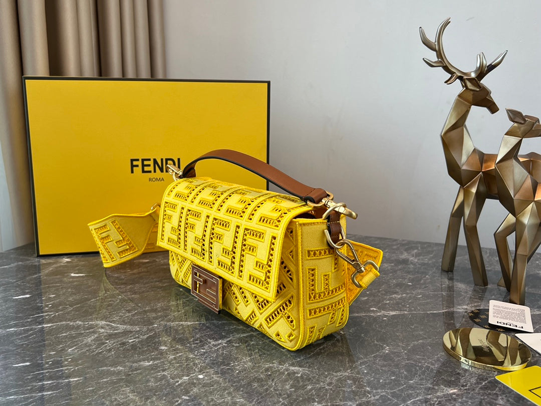 Fendi Yellow Perforated Leather Baguette Bag with FF Logo
