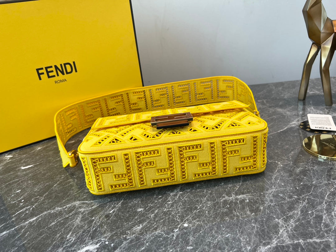 Fendi Yellow Perforated Leather Baguette Bag with FF Logo