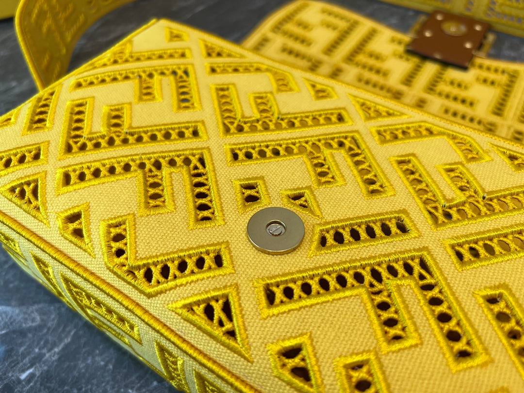 Fendi Yellow Perforated Leather Baguette Bag with FF Logo