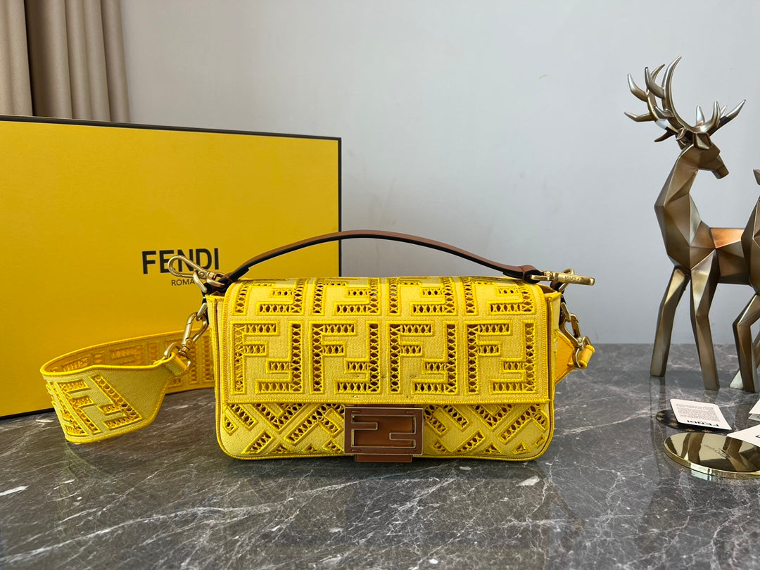 Fendi Yellow Perforated Leather Baguette Bag with FF Logo