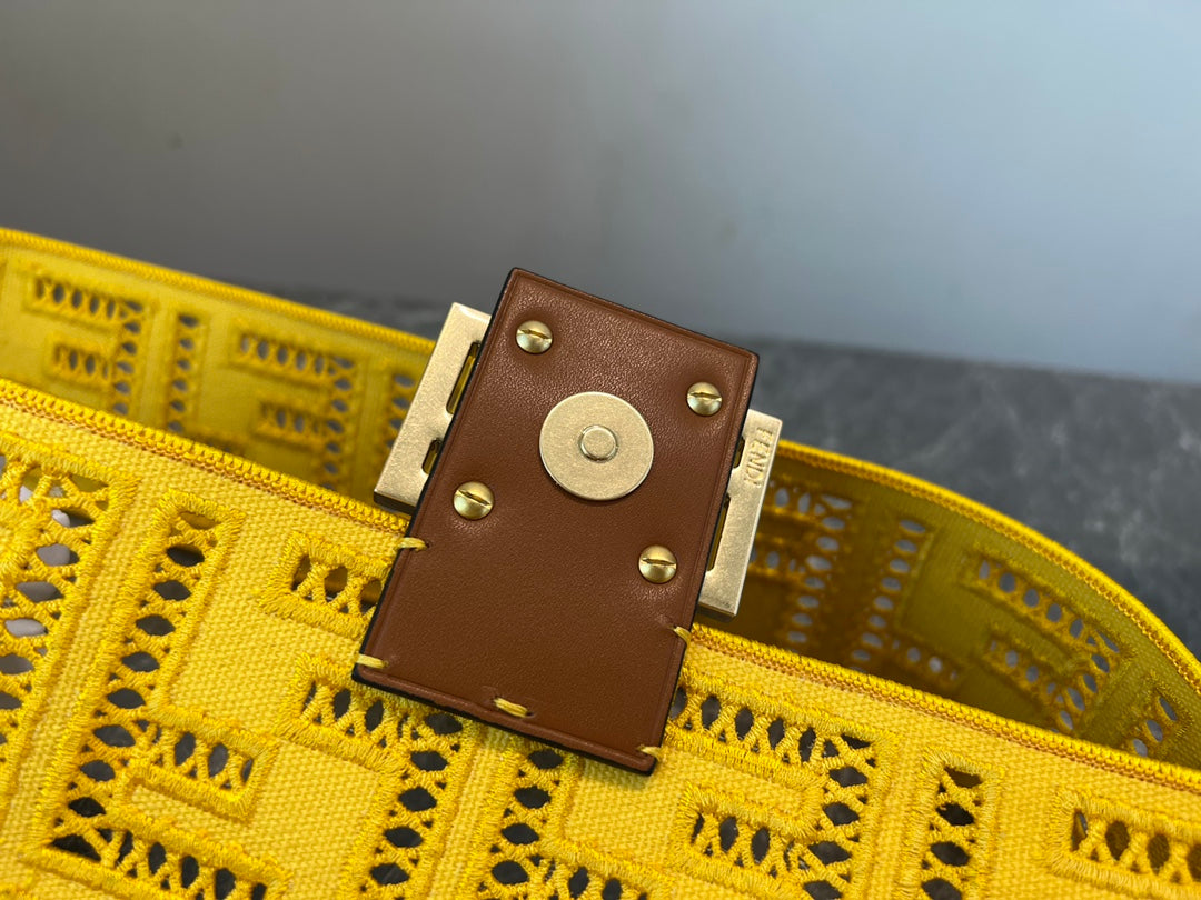 Fendi Yellow Perforated Leather Baguette Bag with FF Logo