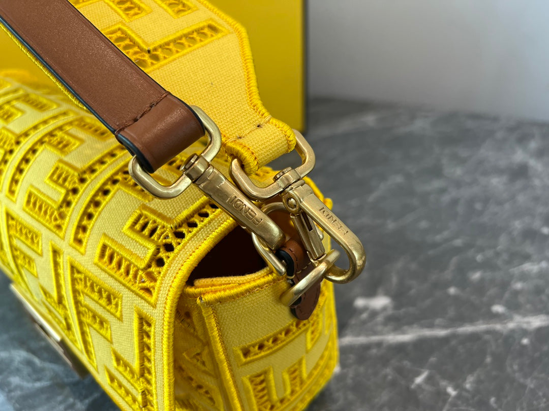 Fendi Yellow Perforated Leather Baguette Bag with FF Logo