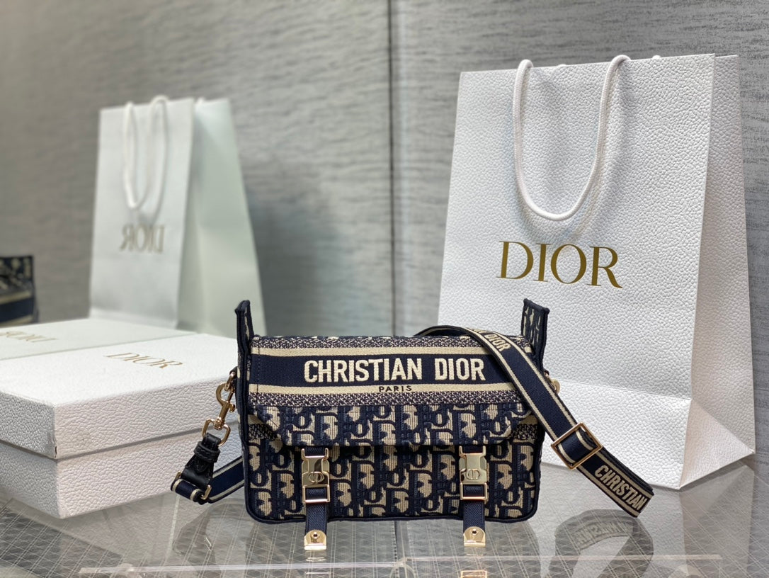 Christian Dior Small DiorCamp Messenger Bag Blue Oblique Canvas