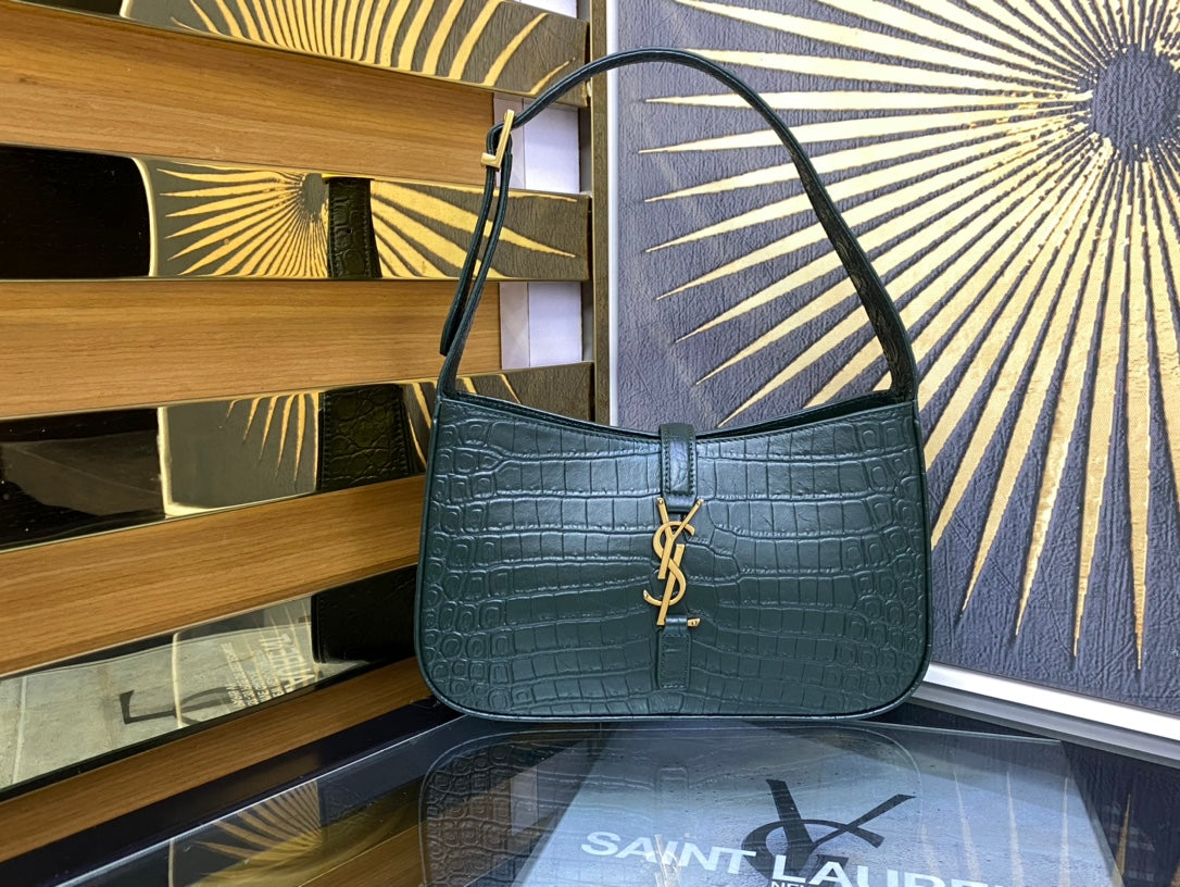 Saint Laurent Le 5 à 7 Crocodile-Embossed Leather Shoulder Bag - Dark Green