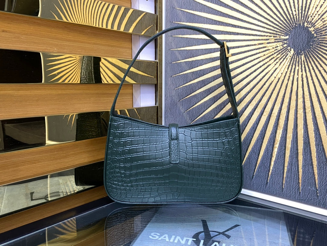 Saint Laurent Le 5 à 7 Crocodile-Embossed Leather Shoulder Bag - Dark Green