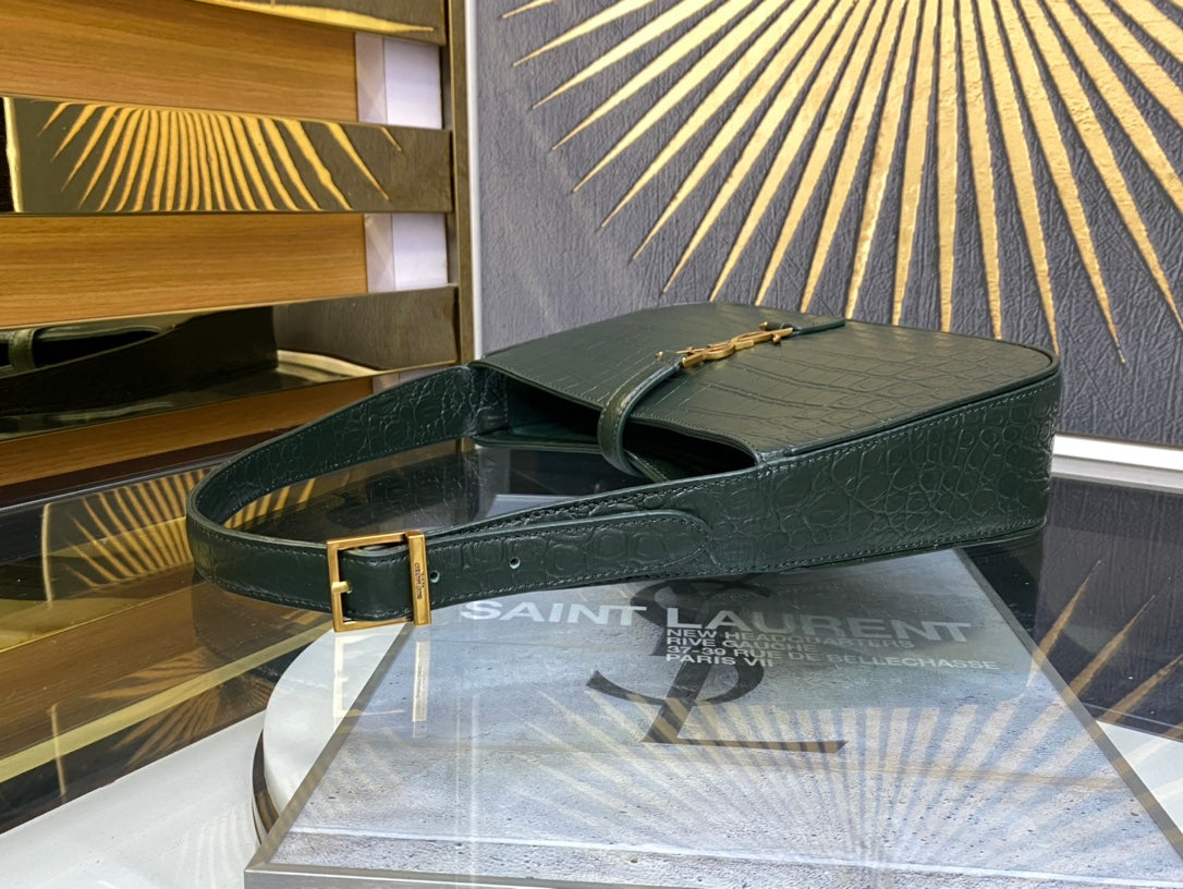 Saint Laurent Le 5 à 7 Crocodile-Embossed Leather Shoulder Bag - Dark Green