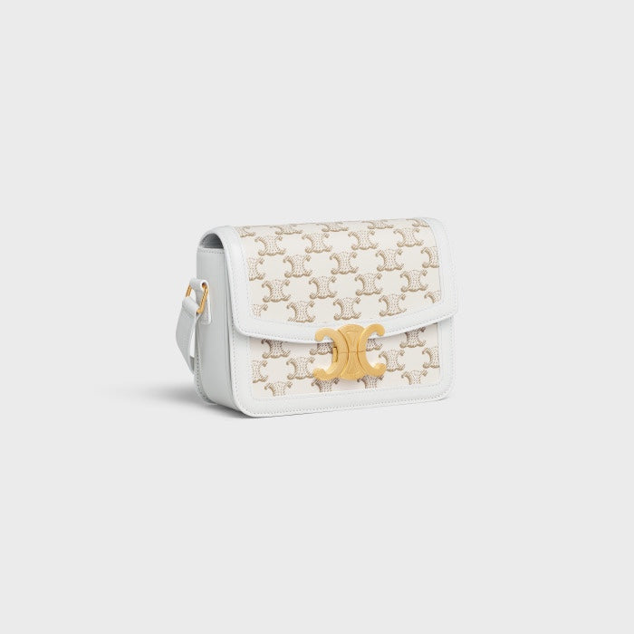 Celine Teen Triomphe Bag in Textile with Triomphe Embroidery and Calfskin - White