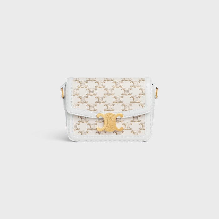 Celine Teen Triomphe Bag in Textile with Triomphe Embroidery and Calfskin - White