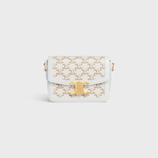 Celine Teen Triomphe Bag in Textile with Triomphe Embroidery and Calfskin - White
