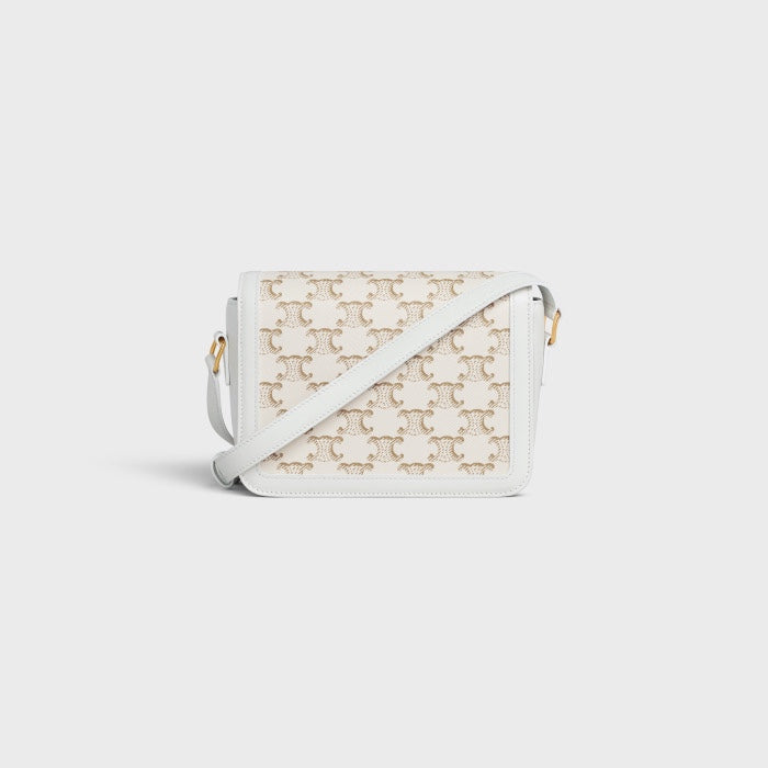 Celine Teen Triomphe Bag in Textile with Triomphe Embroidery and Calfskin - White