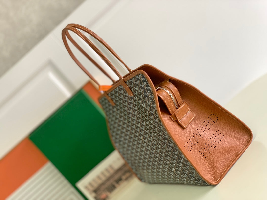 Gogy Structured Geometric Chevron Print Canvas Tote Bag with Leather Trim