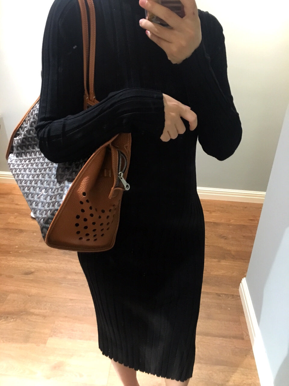 Gogy Elegant Black Ribbed Knit Long Sleeve Bodycon Midi Dress