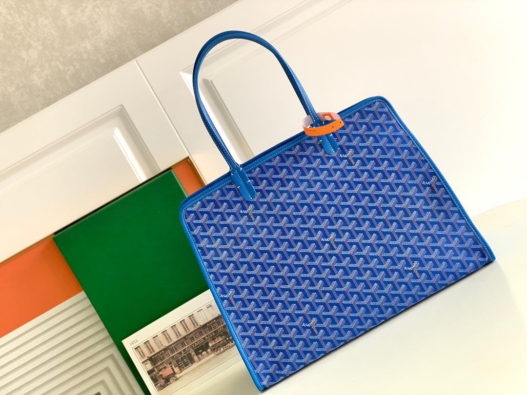 Gogy Elegant Blue Chevron Print Tote Bag with Orange Accent Ring